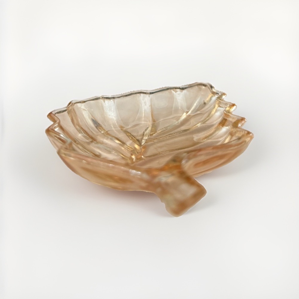 JEANETTE Iridescent Marigold Carnival Glass Leaf Earring Trinket Nut Candy Dish
